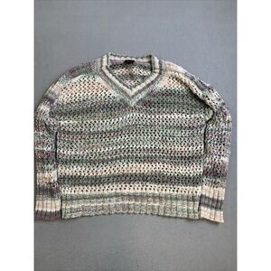 MOD Lusive Sweater Womens Large Purple Green Striped Chunky Knit Pullover V Neck